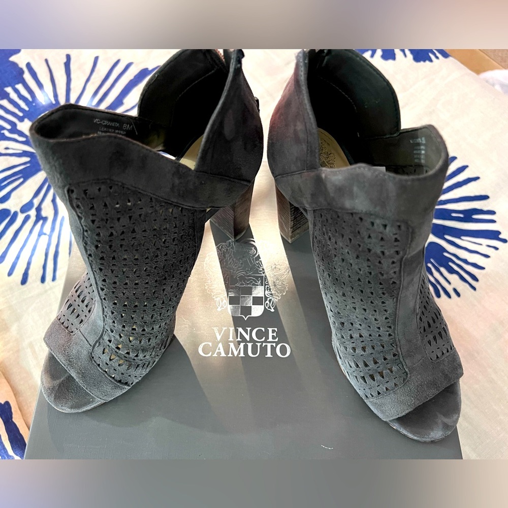 Vince Camuto Grey Suede open-toe high heel bootie